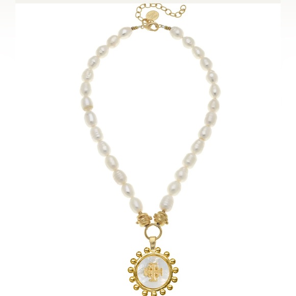 NWT Mother of Pearl Jerusalem Cross Pearl Necklace